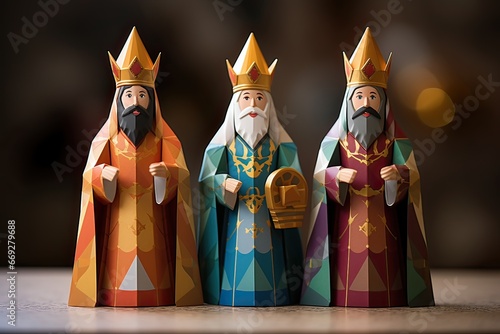 Three wise men 3d figure printed. Reyes magos. Caspar, Melchior and Balthazar. Generative AI.