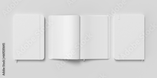 White cover notebook and opened notebook mockup on white background