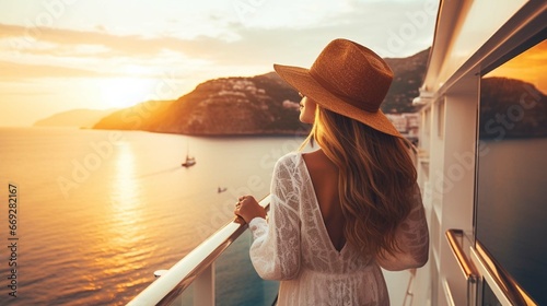 Luxury cruise ship travel elegant tourist woman watching sunset on balcony deck of Europe Mediterranean cruising destination. 