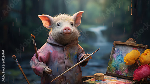 funny pig artist with pencil