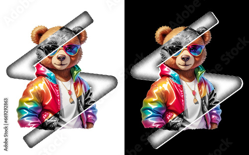 ready to print teddy bear slogan t-shirt design, teddy bear wearing a colorful shiny jacket and sunglasses reflective, t-shirt print design, DTF print Design