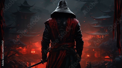 Epic samurai wallpaper from behind looking slightly to the right, face covered in the hood