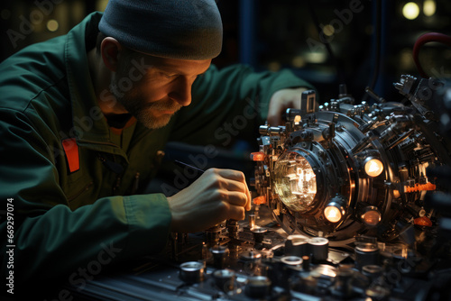 A worker assembling components for a small modular reactor, demonstrating the versatility of atomic energy technologies. Concept of modular reactors. Generative Ai.