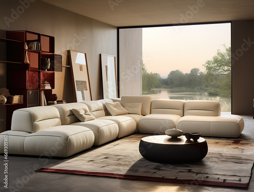 Interior design front view of modern interior in living room. Popularity style, minimalist style, cassina, italia style. Large couch with wide armrests