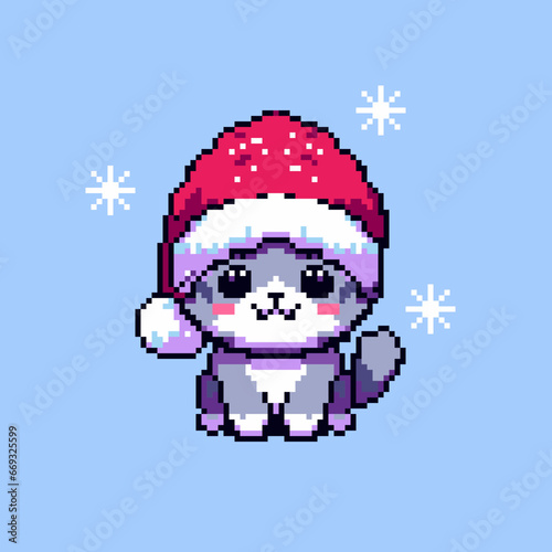 Słodki kot w czapce Świętego Mikołaja. Ilustracja wektorowa w stylu pixel art.