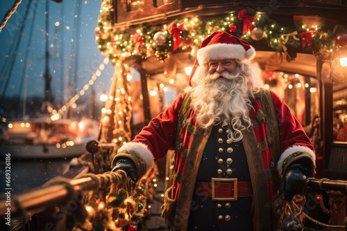 Santa Claus captain on deck of wood sailing ship decorated with Christmas lights at garlands at night, outdoor at sea, winter holiday season