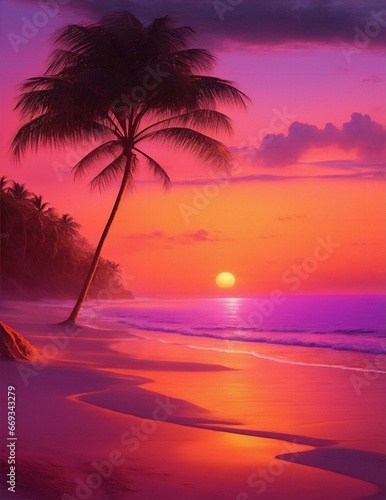 calm beach scene at sunset, waves and palm trees illustration