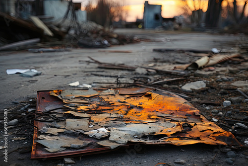 leaves on the ground with buildings in the background and debris all over the ground, including an orange fire hydrae