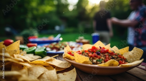 Tortilla chips and bean dip served at an outdoor party