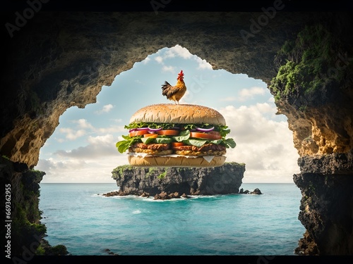 A giant sandwich towers over a tropical island, framed by a rocky cave overlooking serene waters