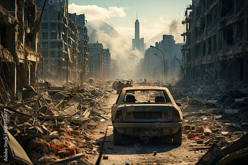 an old car parked in the middle of a destroyed city with buildings and rubbles all around it on a sunny day
