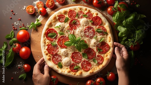 Pizza making with ingredients lies on the table, preparation of pizza mozzarella, pepperoni