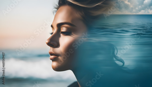 Girl Side profile face and ocean double exposure portrait