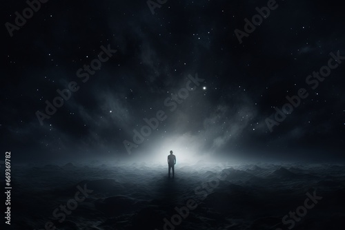 Solitary man in dark space, epitomizing loneliness and cosmic contemplation.