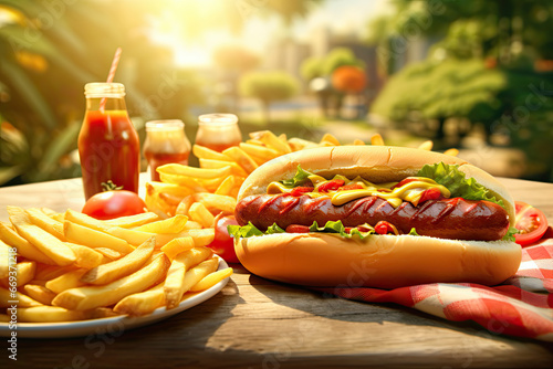 hotdog with sauce, french fries, tomato, and ketchup in outdoor