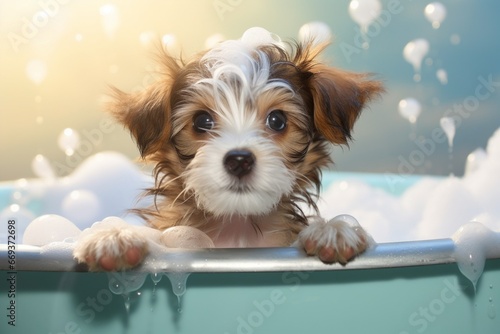 Generative AI : cute little terrier breed dog taking a bubble bath