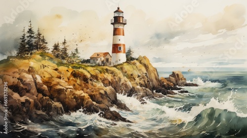 A lighthouse by the sea, watercolor, layering, earthy tones. AI Generative