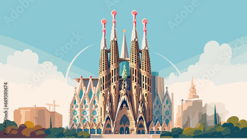 Flat 2D illustration, copy space, flat 2D vector illustration, hand drawn, view of The Sagrada familia, Spain. Famous touristic spot. Must-see spot. Beautiful architecture.