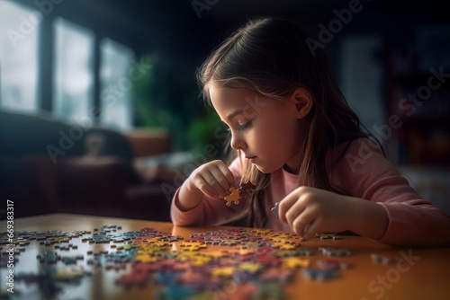 Girl playing puzzles. Interior adorable wooden home room toy. Generate Ai