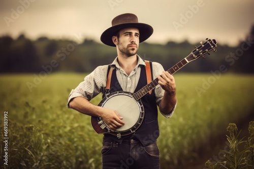Handsome country singer cowboy hat. Musician instrument from western country. Generate ai
