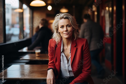 Beautiful blonde woman in a red jacket sitting in a cafe.