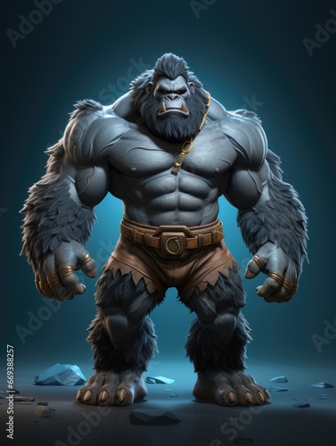 A cartoon character design of a strong gorilla with a muscular body. AI Generative