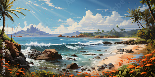 painting of the tropical beach landscape, a picturesque natural environment in harmonious colours