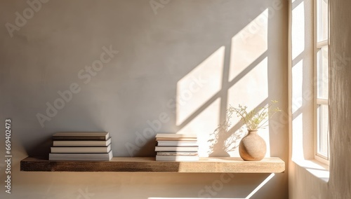 A serene setting of a sunlit interior with a white table adorned with books, vases, and delicate flowers. Ideal for home decor, lifestyle blogs, or interior design concepts.