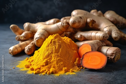 Aromatic turmeric powder and raw roots cutted. Indian herbal flavor medicine spicy. Generate Ai