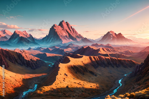 Desert mountains landscape, sunset over the mountains and river, atmospheric and epic nature, Generative AI