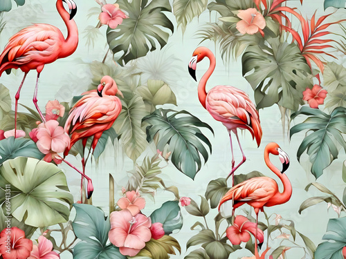 watercolor digital wallpaper painting of a flamingo bird jungle and leaves tropical forest texture drawing decoration vintage background. Generative AI