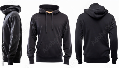 Set of Black front and back view tee hoodie hoody sweatshirt on white background cutout. Mockup template for artwork graphic design