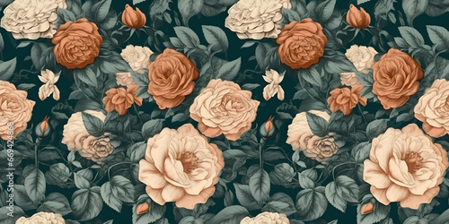 Roses and rose leaves in a continuous floral design against a black backdrop. Seamless pattern background. Digital image for print or background.