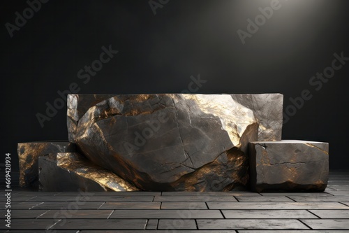 pyrite mineral natural stone rectangular podium 3d rendering. Pedestal set design for product and cosmetics photography.