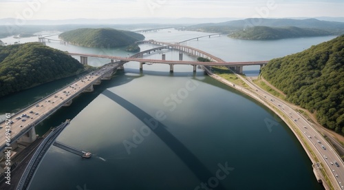 panoramic view of bridges with lake, top view of bridges, landscape with bridges, view of the bridge over river