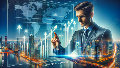 Global Business Expansion：上昇する経済チャートと高層ビルを背景にしたビジネスマン