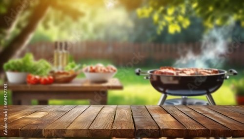 Summer in the garden with grill, wooden table, blurred background