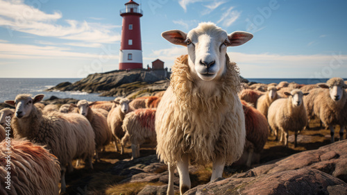 Curious sheep looking at the camera near the lighthouse on the beach, with sky and sea.
