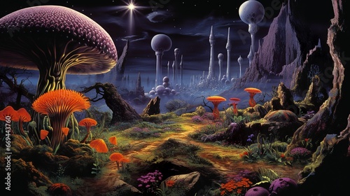 Alien flora and fauna in classic retro sci-fi style landscape