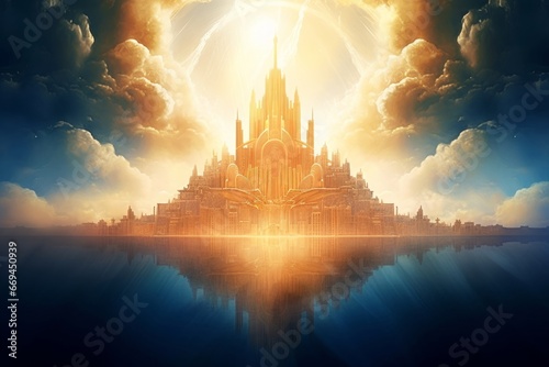 abstract new city in heaven, paradise city, afterlife, symbol of christianity, Generative AI
