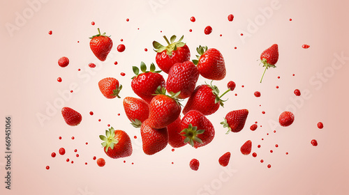 Fresh strawberries float in the air in free fall on a pink background. Levitation of berries. Flying strawberries. Copy space.