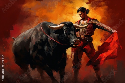 Matador, bullfighter fights bull in the arena, art illustration painted, Generative AI