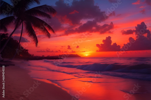 A breathtaking sunset over a tropical beach, The waves crash gently on the shore, and the sand is glistening in the sunlight