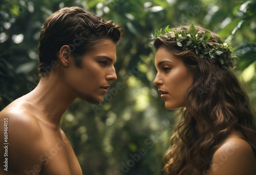 Adam and Eve in paradise. Religious biblical concept.