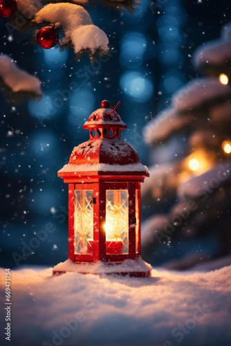 Red Christmas lantern in the snow, blurred background
