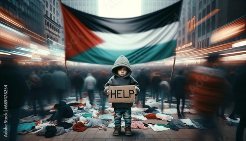 Gaza Israel conflict, Palestinian flag, little child holding sign Help, stop war concept background