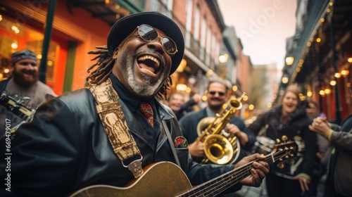 A group of enthusiastic musicians plays lively jazz music on the streets during Mardi Gras. Their instruments, including saxophones, trumpets, and trombones, festive. generative ai