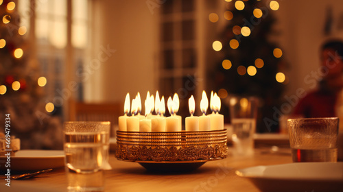 A heartwarming Hanukkah celebration takes place in a cozy family home. A beautifully lit menorah with burning candles stands on a table, illuminating the room with a warm, golden glow. generative ai