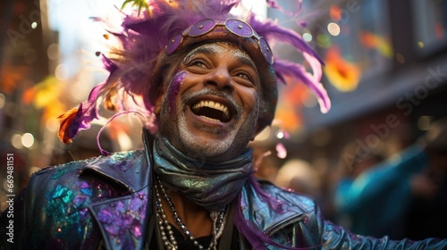 Man in Mardi Gras parade in mask costumes, dancing and celebrating on city street. Smile and fun atmosphere and colorful festive and joyful spirit Mardi Gras. generative ai