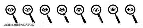 Set of magnifier with eyes vector icons. Focus, look or view. Vector 10 Eps.